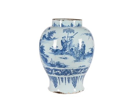 A VERY LARGE DUTCH DELFT BLUE AND WHITE BALUSTER VASE CIRCA 1700 Decorated in the Transitional style unmarked 43cm highProven