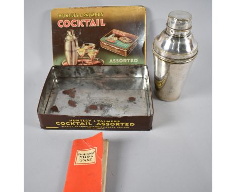 A Vintage Silver Plated Cocktail Shaker, Vintage Huntley and Palmer Cocktail Tin and a Recipe Booklet 