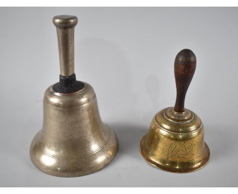 Two Vintage hand Bells, Smaller Brass Example with Etched Animal Decoration, 19cms High 