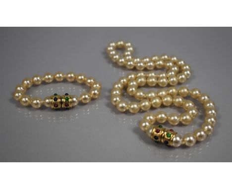 A Vintage Rau Kliklit Simulated Pearl Necklace and Bracelet with Decorative Gilt Metal and Glass Clasp. 
