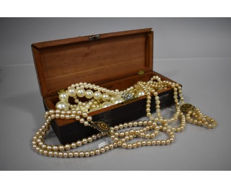 A Wooden Box Containing Collection of Seven Vintage Simulated Pearl Necklaces, Some with Condition Issues 