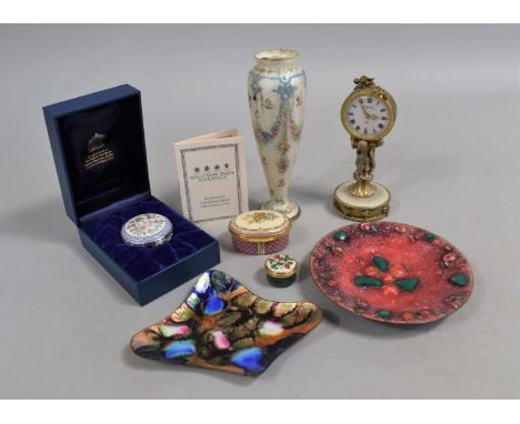 A Cased Halcyon Days Enamelled Circular Box, Continental Gilt Metal Angelus Dressing Table Clock, Enamelled and Jewelled Copp