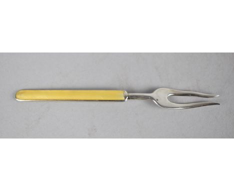 A Pretty Norwegian Silver Small Pickle Fork with Yellow Enamelled Handle, 10cm Long 