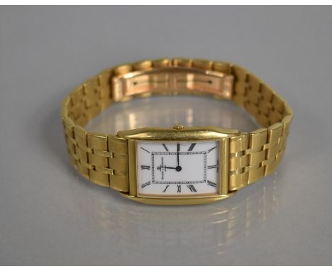 A Baume and Mercier 17605 18ct Gold Wristwatch on a 18ct Gold Strap, Tank Style with White Enamel Dial and Roman Numerals, Fa