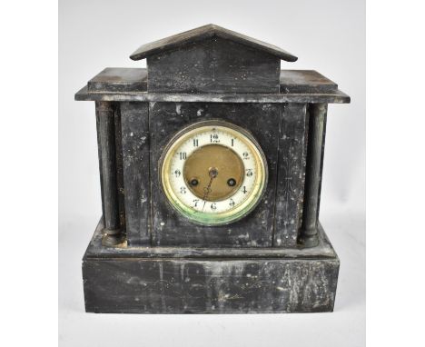 A Late 19th century French Slate Mantel Clock of Architectural Form, In Need of Restoration, 30cms Wide 