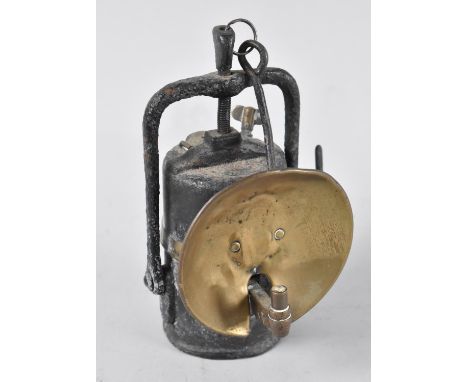 A Vintage Brass Mounted Carbide Lamp with Reflector, 20cms High 