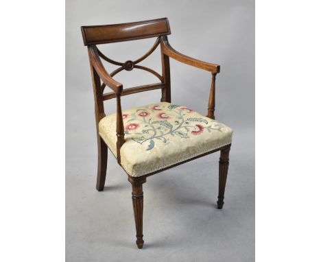 A Tapestry Upholstered Mahogany Bar Back Armchair with Reeded Turned Front Legs 