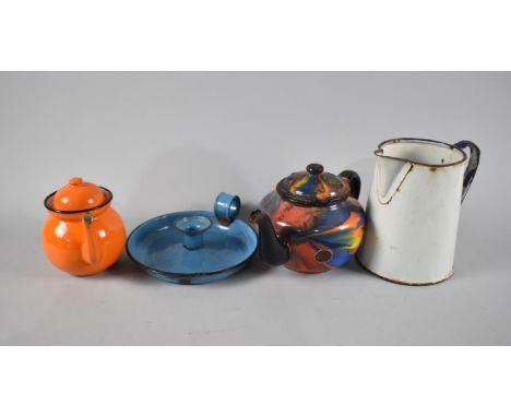 A Collection of Vintage Enamelled Household Items to include Two Teapots, Jug and Bedchamber Stick 