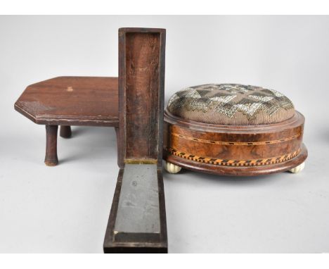 A Vintage Mahogany Cased Sharpening Stone, Circular Inlaid Walnut and Beadwork Footstool and a Small 19th century Mahogany Kn