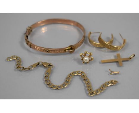 A Collection of Various Gold Items to include 9ct Gold Crucifix, Pair of Hooped and Engraved Earrings, Curb Chain Bracelet (A