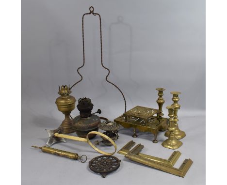A Collection of Vintage Oil Lamps, Brass Trivet, Candle Sticks etc 