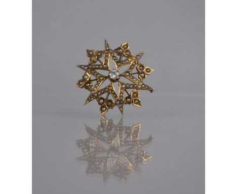 An Attractive 19th Century 9ct Gold, Diamond and Seed Pearl Starburst Brooch, Centre Diamond Approx 0.30ct, Overall 34mm Wide