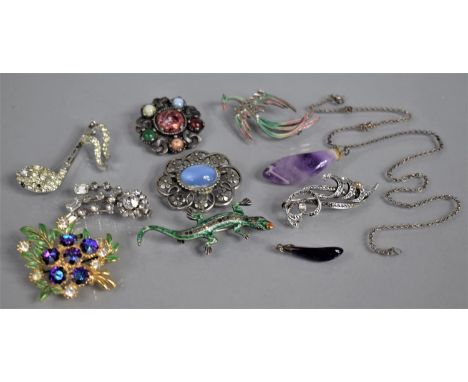 A Collection of Vintage Brooches and Pendants to include Silver and Enamelled Lizard, Amethyst Pendants and Silver Chain, Pho