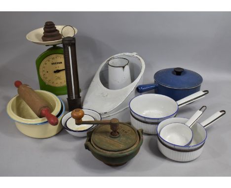 A Collection of Vintage Kitchen Wares to Include Salter Scales, Vono Kife Cleaner, Thermometer, Enamelled Tankard etc 