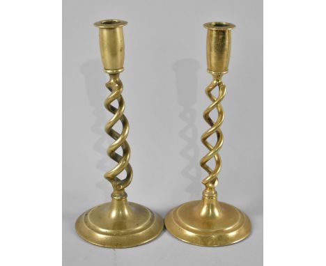 A Pair of Vintage Brass Open Spiral Candlesticks, 26cms High 