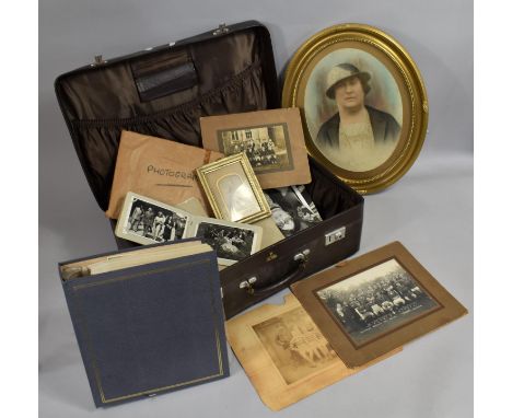 A Vintage Suitcase Containing Framed Family and Sporting Photographs, Albums, Gilt Framed Coloured Photo etc 