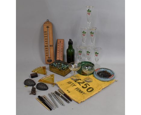 A Collection of Sundries to Include Cherry B and Babycham Glasses, Vintage Marbles, Factory Thermometer, Pens, Advertising As