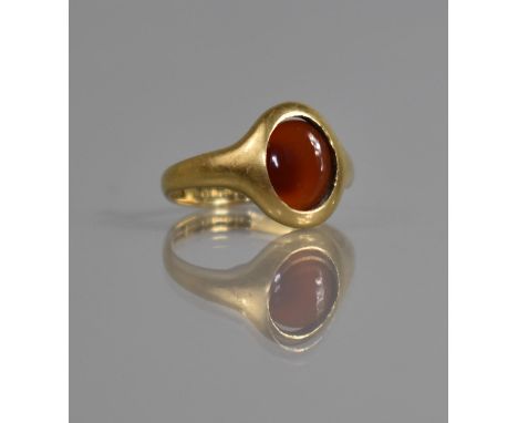 A Victorian 18ct Gold Signet Ring (Oval Carnelian Stone Loose), Birmingham 1851, by AC and Co, 3.2gms Without Stone. Size K 