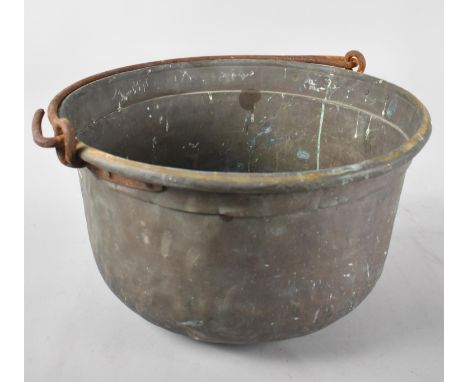 A Large Vintage Copper Cooking Pot with Iron Loop Handle, 43cms Diameter 