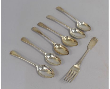 A Set of Six Silver Dessert Spoons, Sheffield Hallmark together with a Silver Plated Fork Inscribed Eric Fuller 