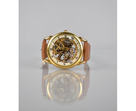 A Vintage Alfex Gold Plated Skeleton Manual Wrist Watch, Face Showing Gilt Metal Interior Mechanism, Champagne Bordered Dial 