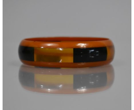 A Vintage Tri-Colour Bakelite Bangle, Butterscotch Bands with Transparent Orange and Dark Green Rectangular Panels, Interior 
