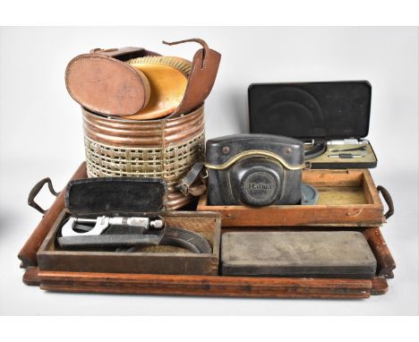 A Vintage Wooden Two Handled Tray together with a Halina Vintage Camera, Boxed Caliper, Copper Pierced Plant Pot Holder, Micr