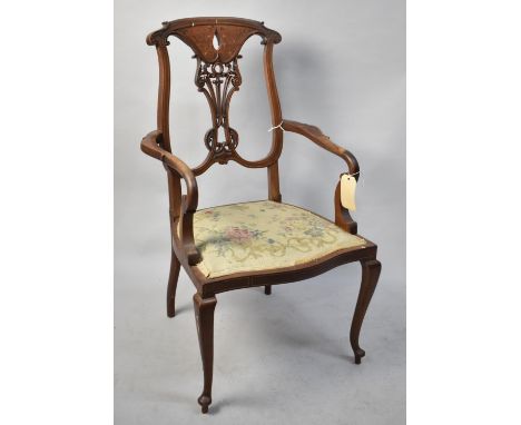 An Edwardian Inlaid Scroll Armchair with Pierced Back Splat, Serpentine Front and Tapestry Seat 