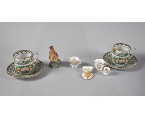 A Pair of Chinese Porcelain Cups and Saucers Together with a Collection of Miniature Spode and a Royal Worcester Wren 