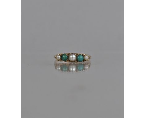 A 9ct Yellow Gold, Turquoise and Pearl Five Stone Boat Shaped Dress Ring, Size S, 2.8gms 