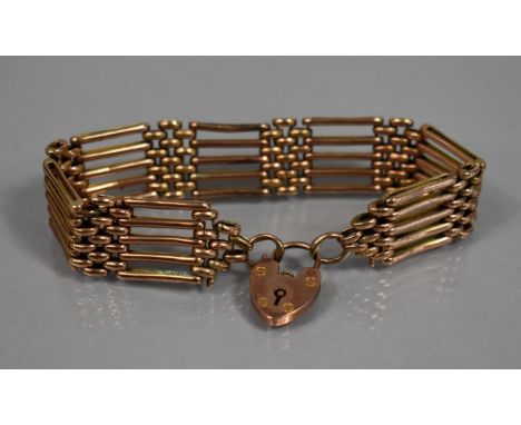 A Vintage 9ct Rose Gold Five Bar Gate Link Bracelet with Padlock Monogrammed MP, 20.4gms 