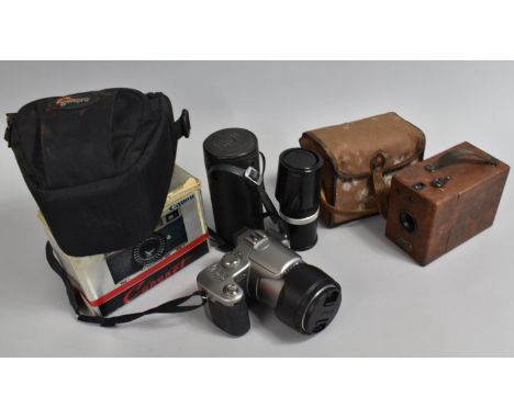 A Vintage Cannon Coronet Camera, Cased Olympus Telescopic Lens, Box Camera in Canvas Bag and Panasonic DMX/FZ30 Camera in Car