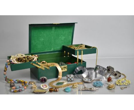 A Vintage Cantilevered Green Leather Covered Jewellery Case Containing a Large Collection of Vintage Costume Jewellery to inc