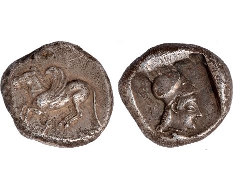 Ancient Coins, Greece, Corinth, Corinthia (500-450 BC), stater, Pegasos with curved wing flying l., koppa beneath, rev. hd. o