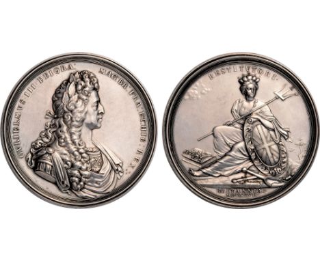 William III, The State of Britain, following the Peace of Ryswick, large silver medal, 1697, by John Croker, laureate bust of