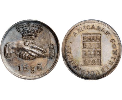 Commemorative Medals, The Amicable Society, instituted 1696, silver ticket or medal, unsigned, two hands clasped under the Ro