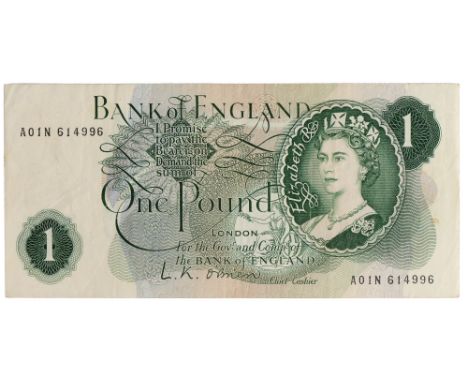 British Banknotes, Bank of England, L. K. O’Brien, one pound, 1960-62, A01N 614996, ‘R’ note (Dugg. B283), very fine