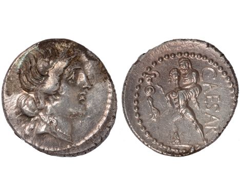 Ancient Coins, Roman Republic, Julius Caesar (48-47 BC), denarius, diad. head of Venus r., rev. CAESAR, Aeneas walking l. car