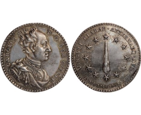 Commemorative Medals, Sweden, Charles XII (1682-1697-1718), Death, silver medal, 1718, by Johann Carl Hedlinger (1691-1771), 