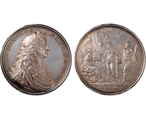 Commemorative Medals, Charles II, Restoration, “Felicitas Britanniæ”, massive silver medal, 1660, by John Roettier, draped an