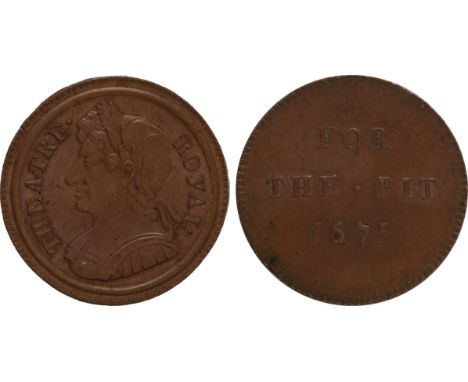 Commemorative Medals, Charles II, Theatre Royal, Drury Lane, copper ticket, 1671, by John Roettier, laureate and armoured bus