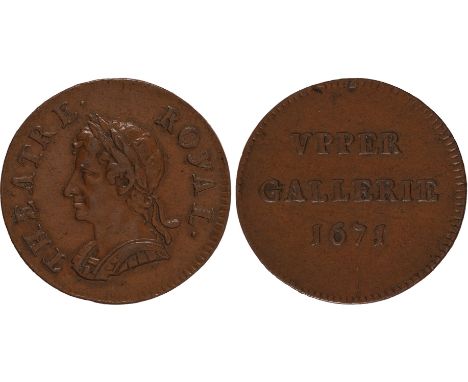 Commemorative Medals, Charles II, Theatre Royal, Drury Lane, copper ticket, 1671, by John Roettier, laureate and armoured bus