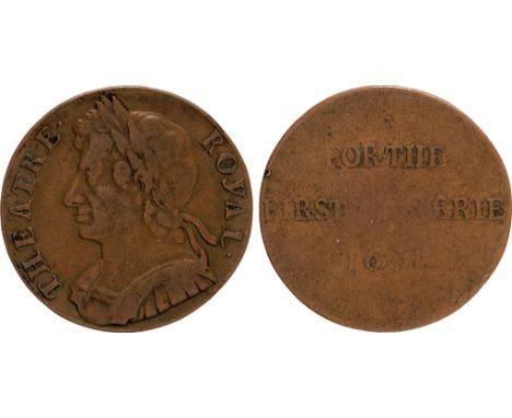 Commemorative Medals, Charles II, Theatre Royal, Drury Lane, copper ticket, 1671, by John Roettier, laureate and armoured bus