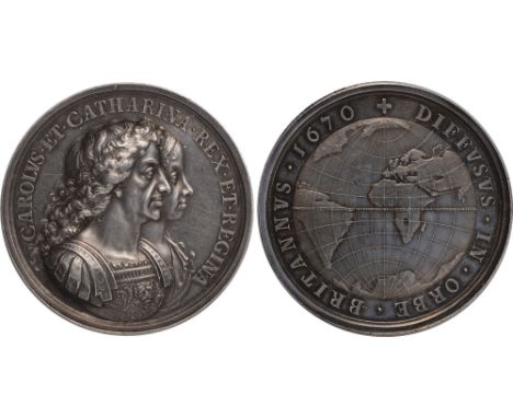 Commemorative Medals, Charles II and Catherine of Braganza, British Colonisation, silver medal, 1670, by John Roettiers, conj