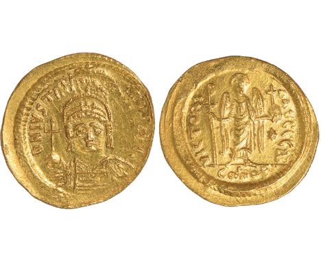 Ancient Coins, Byzantine Empire, Justinian I (AD 527-565), solidus, D N IVSTINIANVS PP AVG, Justinian std. facing in consular