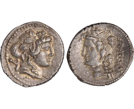 Ancient Coins, Roman Republic, L. Cassius Q. f. Longinus (78 BC), denarius, head of Liber or Bacchus r., thyrsus over shoulde