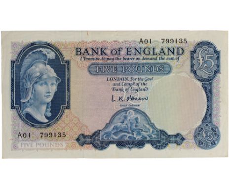 British Banknotes, Bank of England, L. K. O’Brien, five pounds, 1957-61, A01 799135 (Dugg. B277), short 3mm tear top edge, go