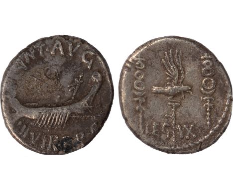 Ancient Coins, Roman Republic, Mark Antony (32-31 BC), legionary denarius, galley r., with sceptre tied with fillet on prow, 