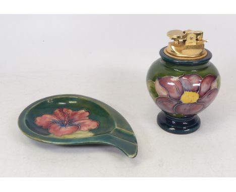 Moorcroft To include Anemone Design On Green Ground Footed Lighter Height:9cm and a Hibiscus Design On Green Ground Ashtray W