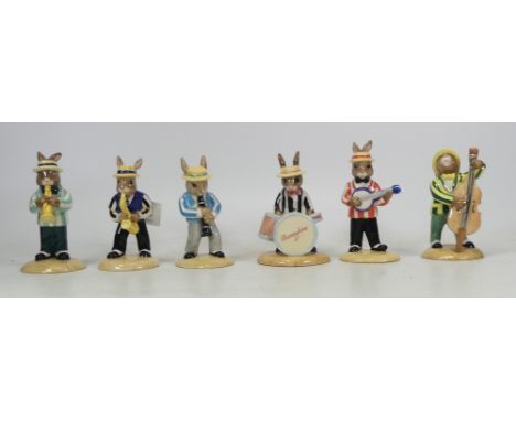 Royal Doulton Bunnykins figures from the Jazz Band Collection comprising Clarinet Player DB184, Double Bass Player DB185, Sax